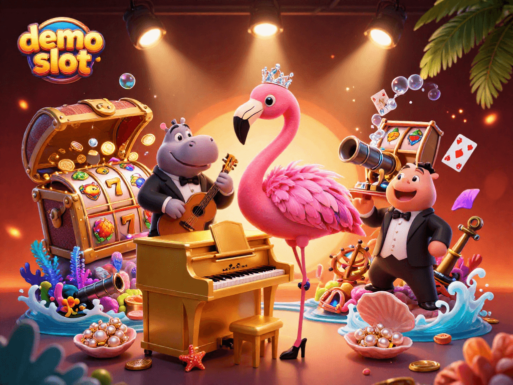 Menggoda pemain dengan demo slot, ilustrasi 3D kasino berwarna-warni menampilkan penyanyi flamingo dan hippo pemukul bass.