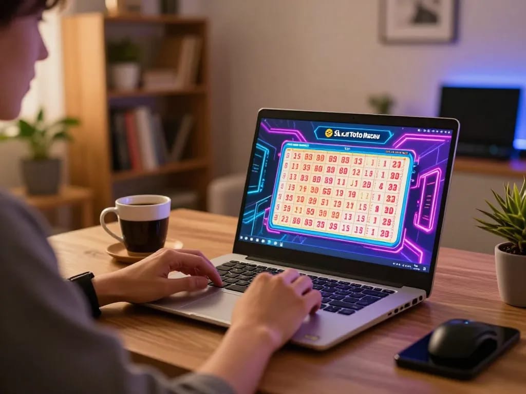 Situs Toto Macau player analyzing results on laptop with warm home lighting