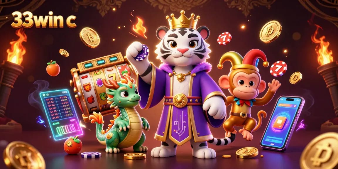 Engage in thrilling gameplay at 33win c with vibrant characters, slot reels, and abundant digital tokens.