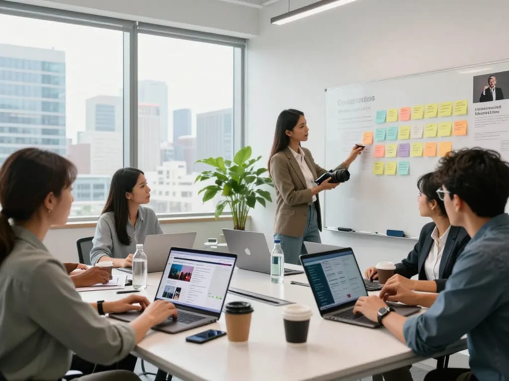 現代的なオフィスで協力する合同会社SUMXのデジタルマーケティングチーム