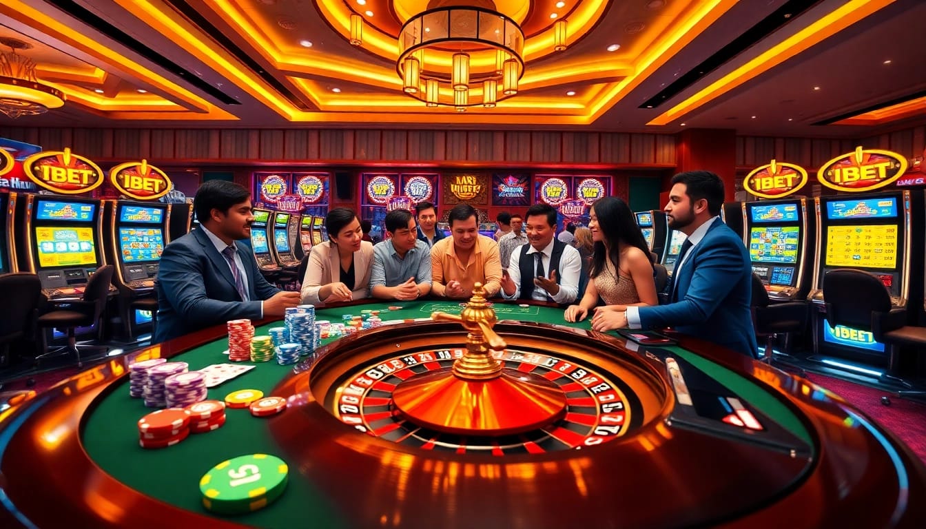 i9bet players enjoying a vibrant casino atmosphere with poker chips and cards