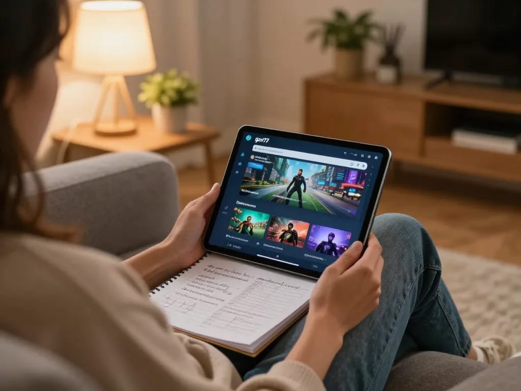 Player enjoying gori77 gaming experience on a tablet in a modern living room setting.