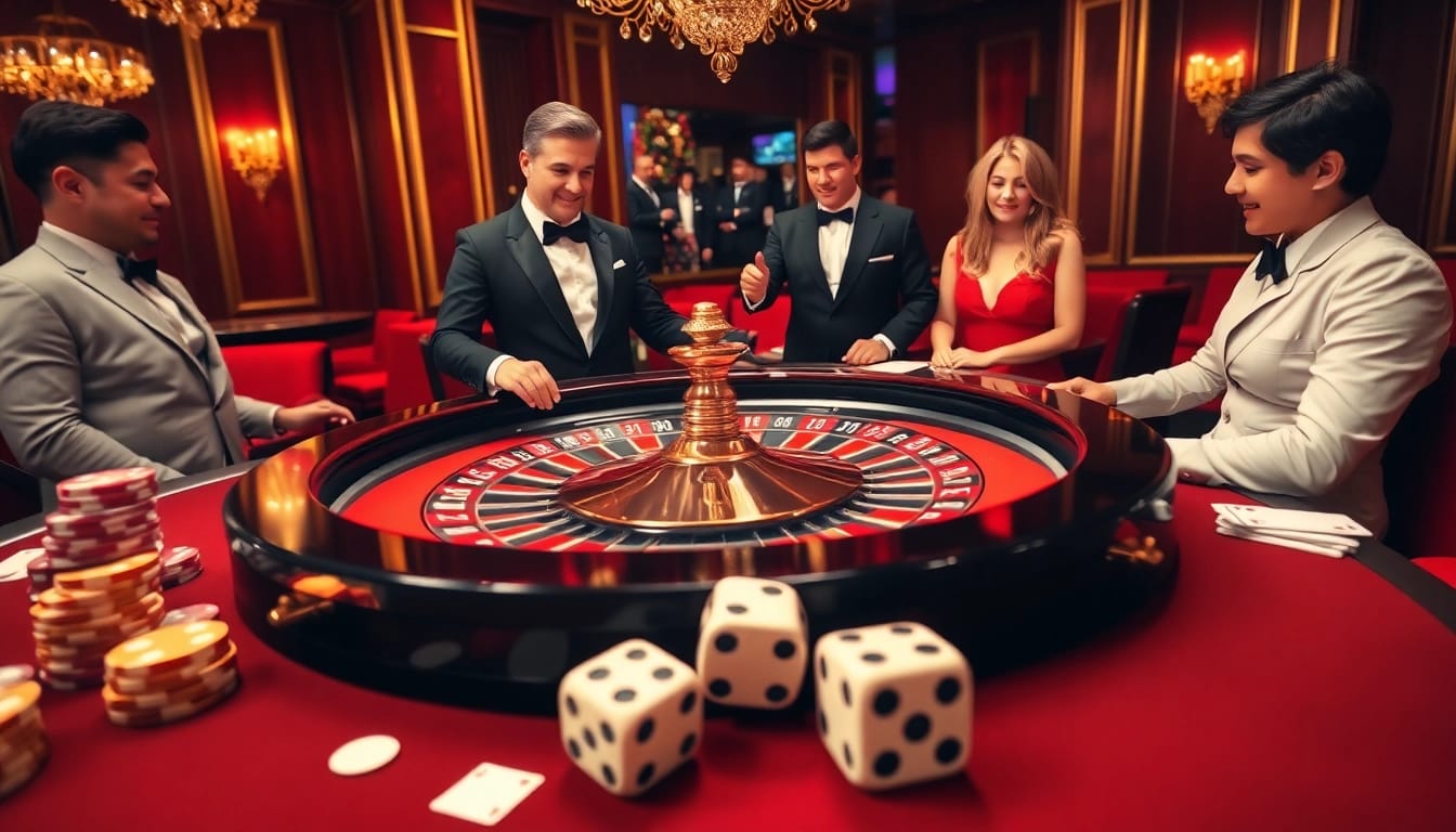 Experience the thrill of luck8 at an elegant casino roulette table with players celebrating wins.