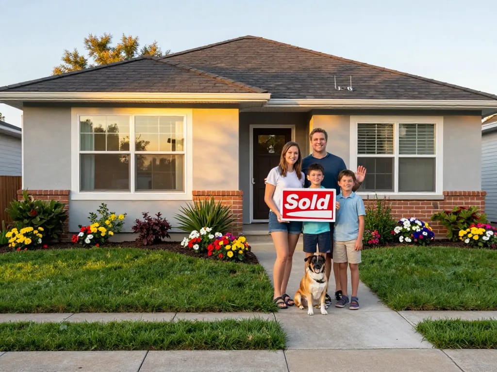 we buy houses for cash family celebrating successful home sale in suburban neighborhood