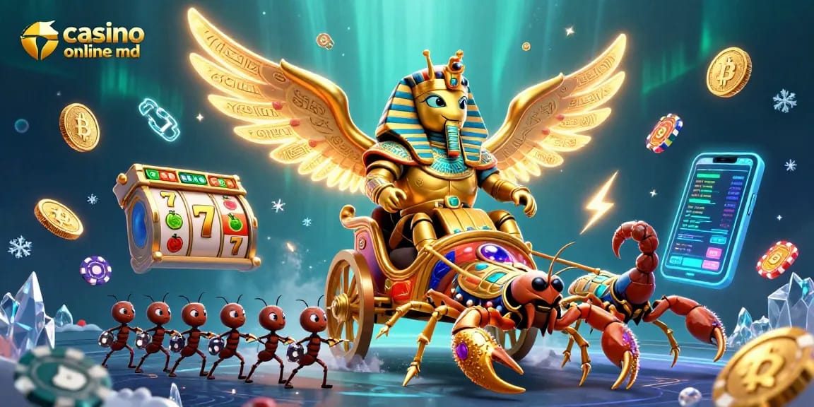 Îmbunătățește-ți șansele la casino online md, cu un scarab auriu jucând păcănele.