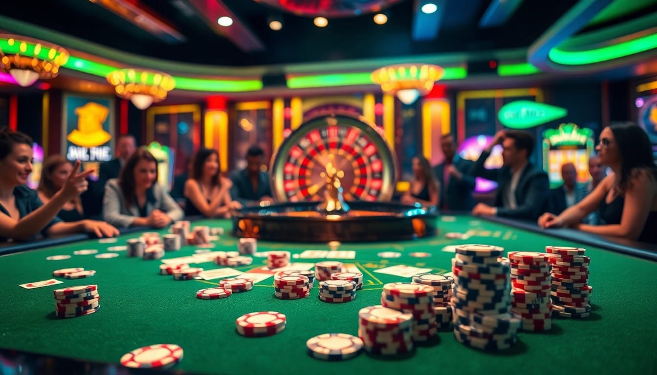 Exciting b52club casino table filled with poker chips and cards in a vibrant setting.