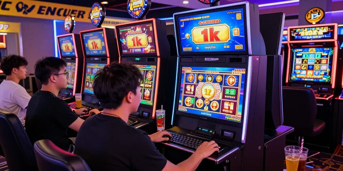 Engaged players enjoying slot depo 1k gaming session with vibrant screens and exciting jackpots.