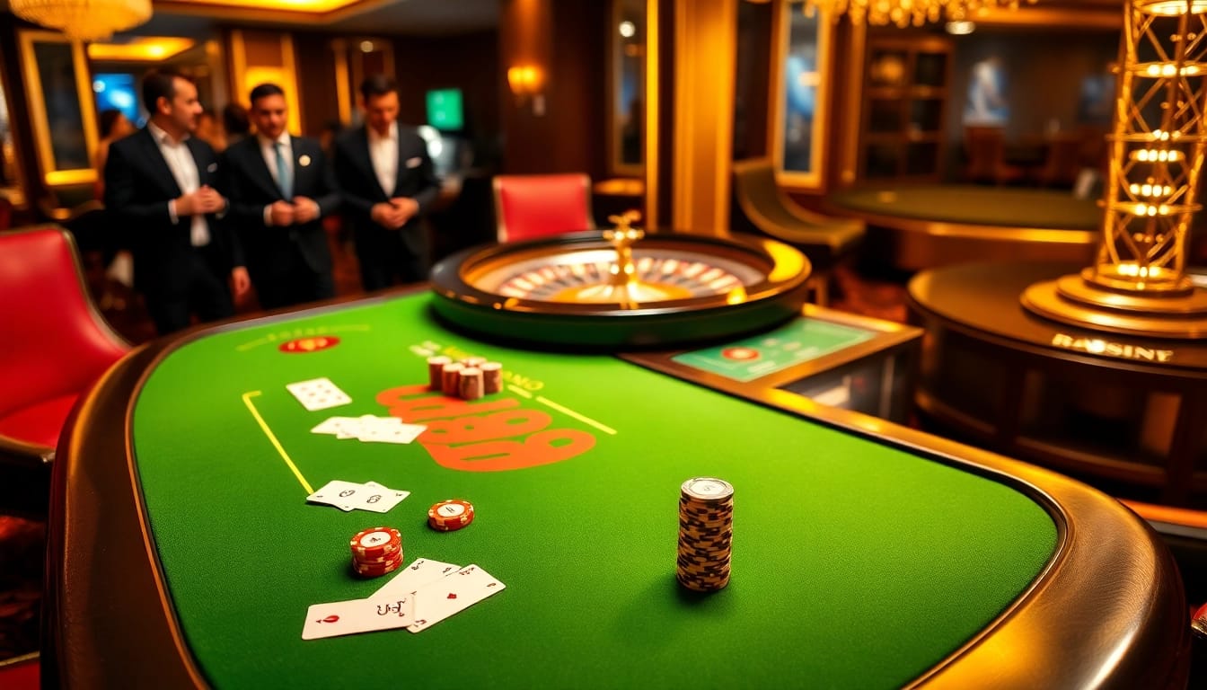 Experience thrilling gaming action at U888's luxurious casino tables with poker chips and cards.