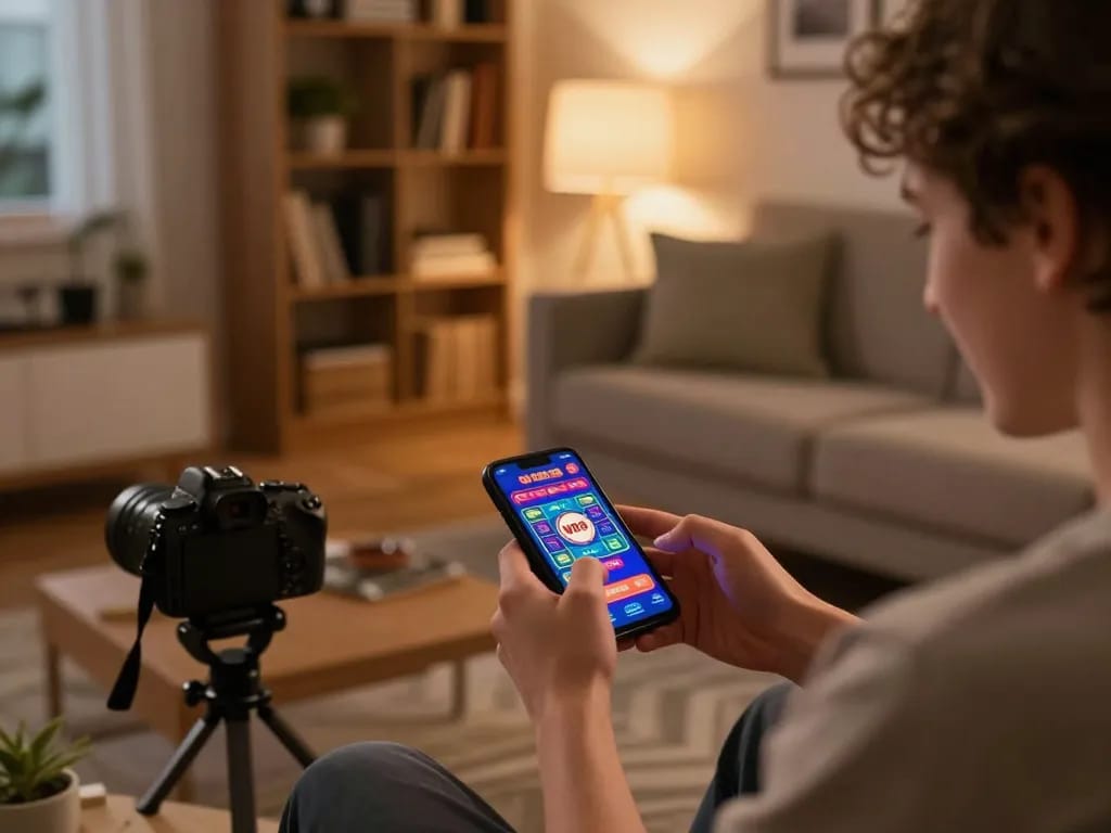 Player using W188 casino app on smartphone, celebrating a win in a cozy home setting.