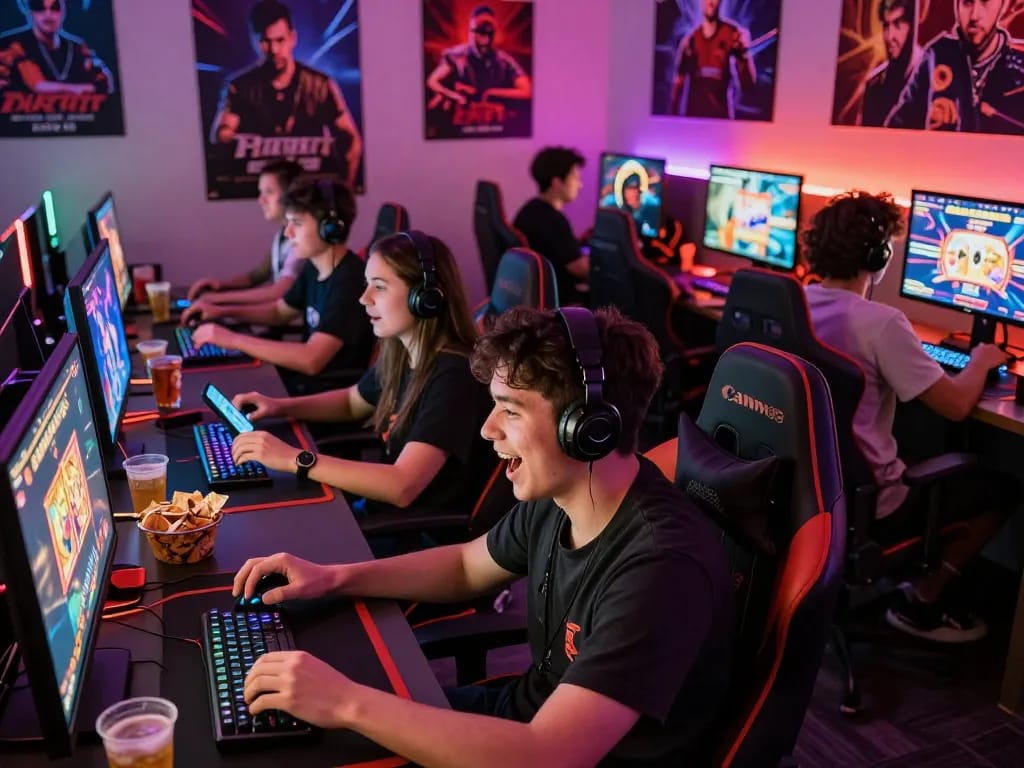 Engaged players enjoying autowin88 online gaming experience in a vibrant setting with snacks and drinks.