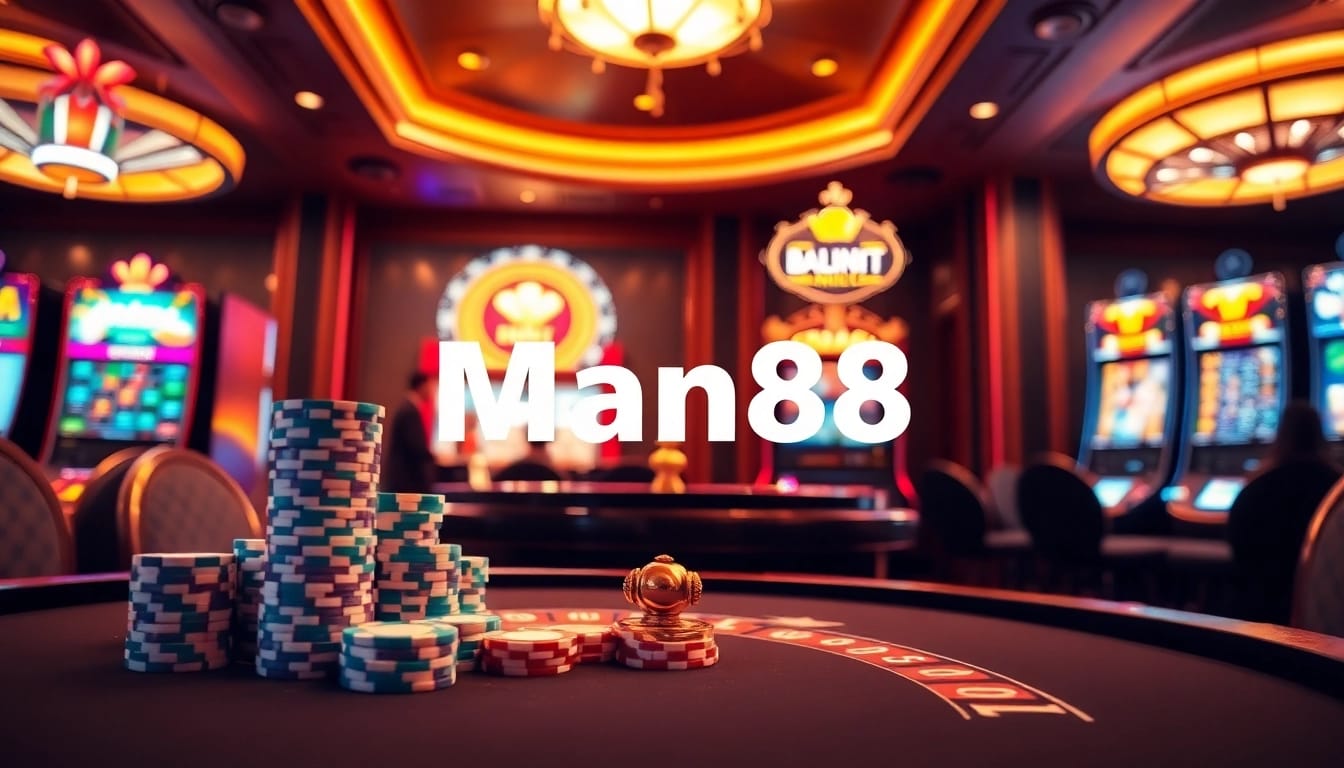 Man88 captures the thrill of gaming at a luxurious casino table, with vibrant poker chips and exciting games.