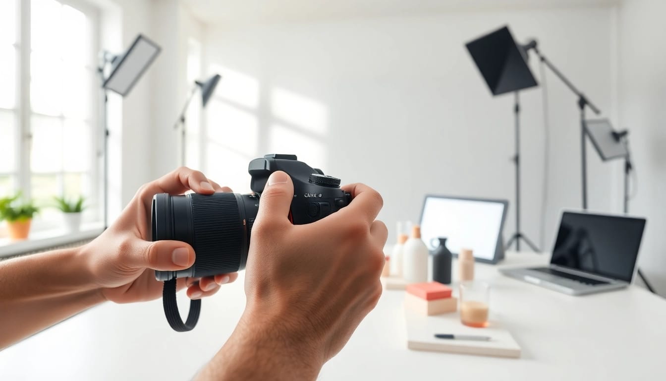 Fotografo ecommerce che ritrae prodotti in uno studio luminoso e professionale.