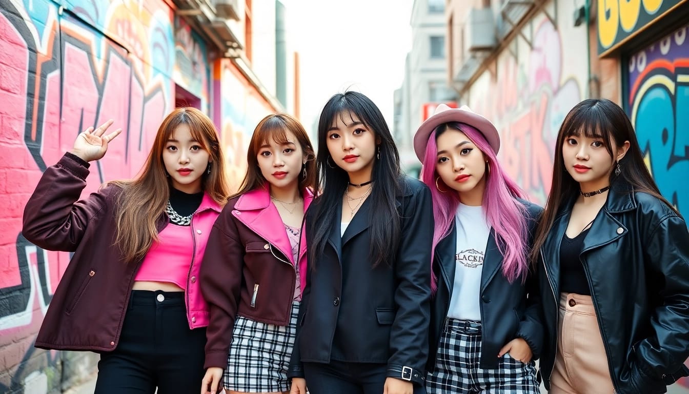 blackpink members pose confidently in a colorful urban setting with graffiti art.
