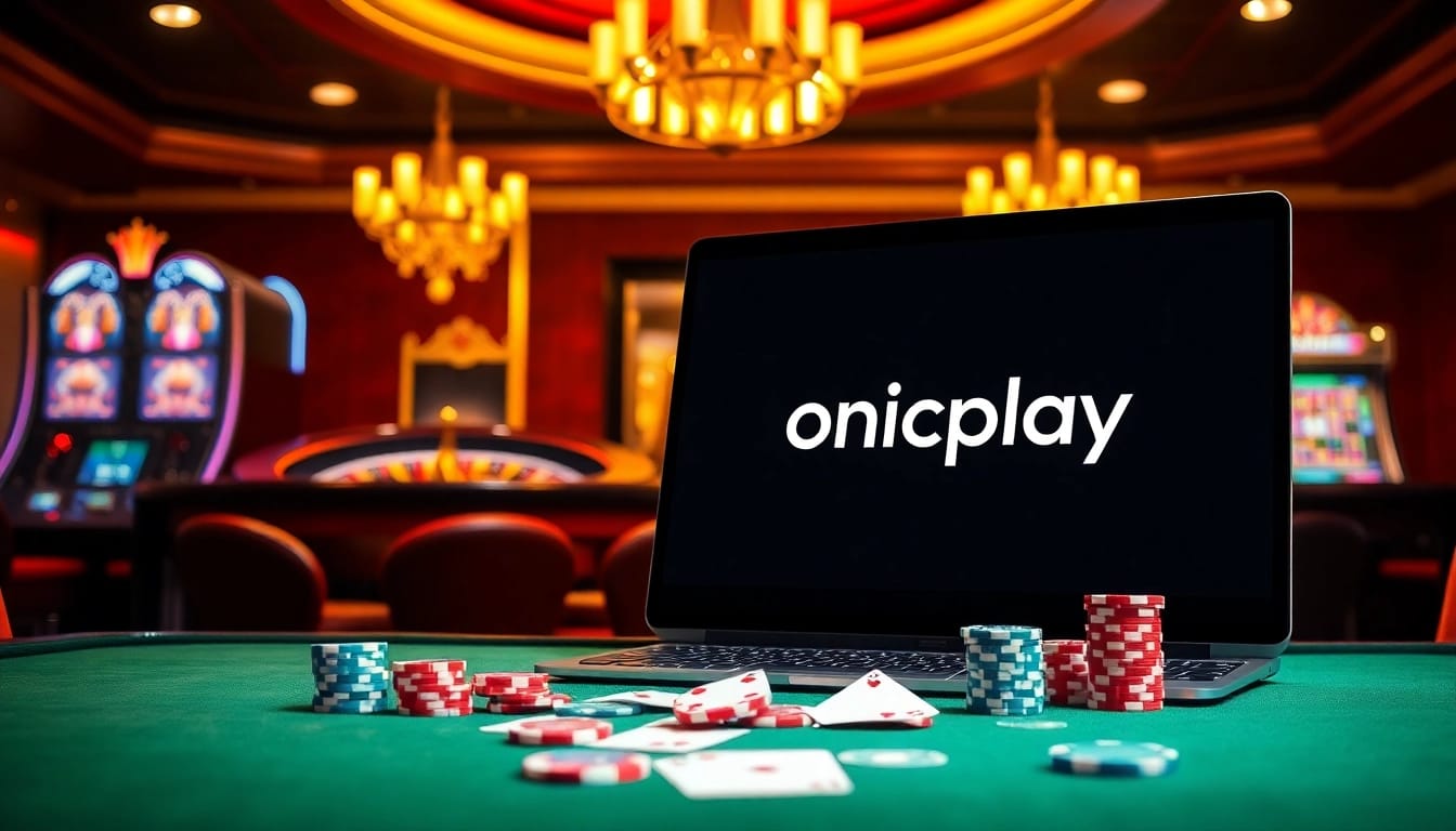 Experience the thrill of onicplay with vibrant casino visuals, poker chips, and slot machines.