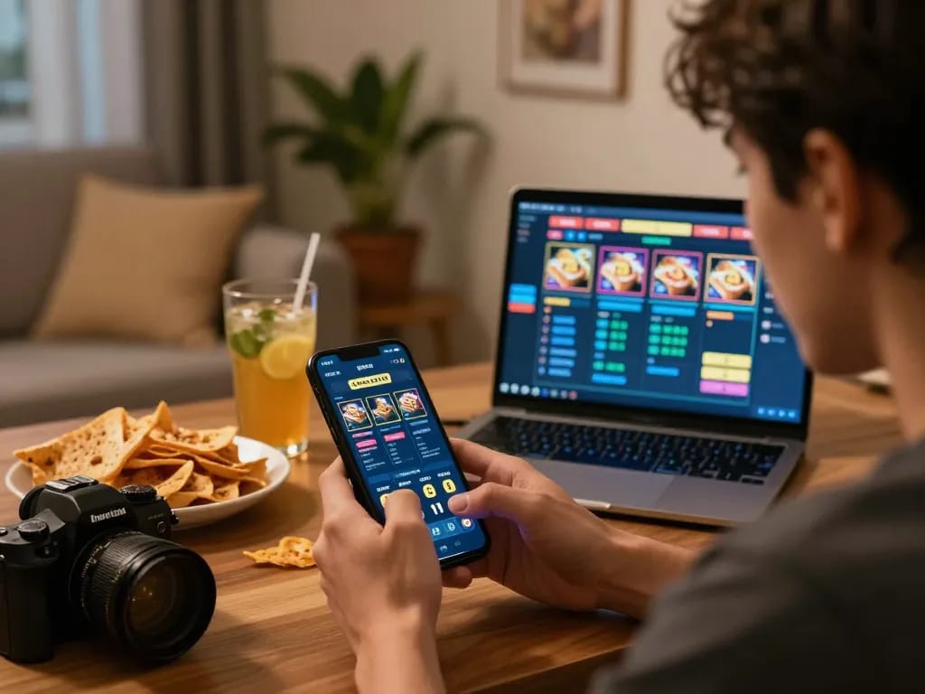situs slot gacor gameplay on mobile device with user focused in cozy home setting.