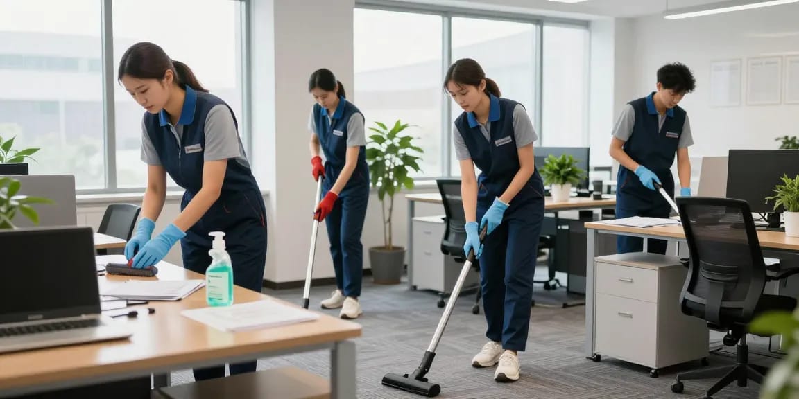 Büroreinigungsfirma in Dortmund bei der professionellen Reinigung eines modernen Büros mit umweltfreundlichen Produkten.