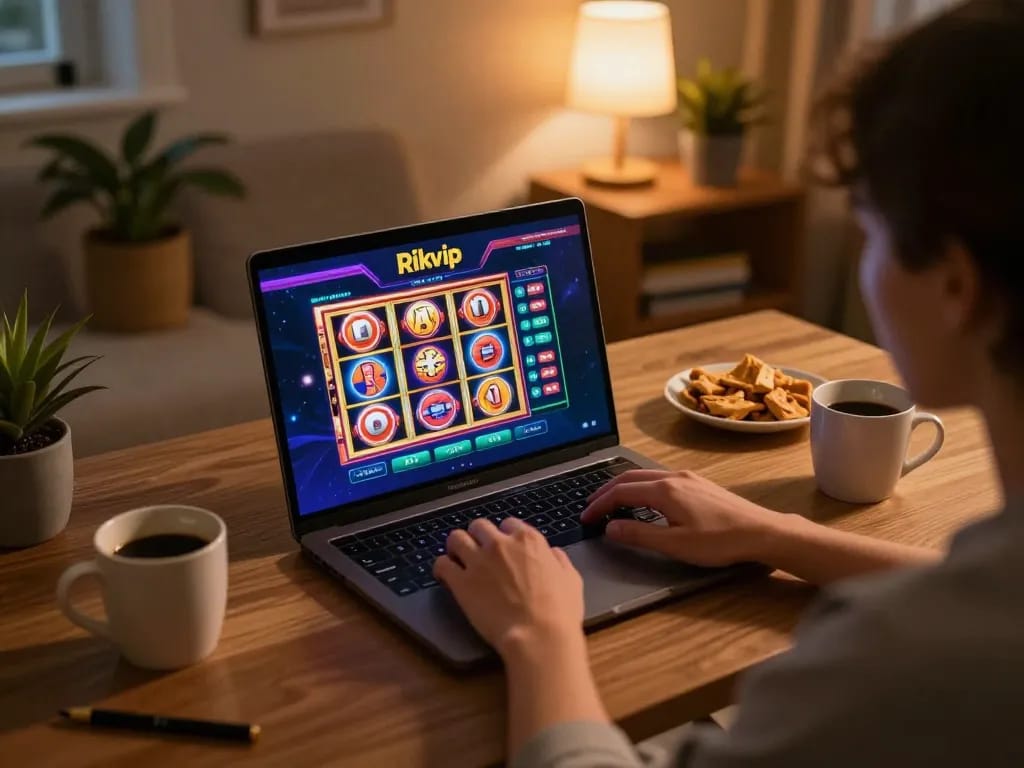 Engaging in Ưu đãi thành viên mới Rikvip through online gaming on a laptop at home, showcasing a comfortable gaming atmosphere