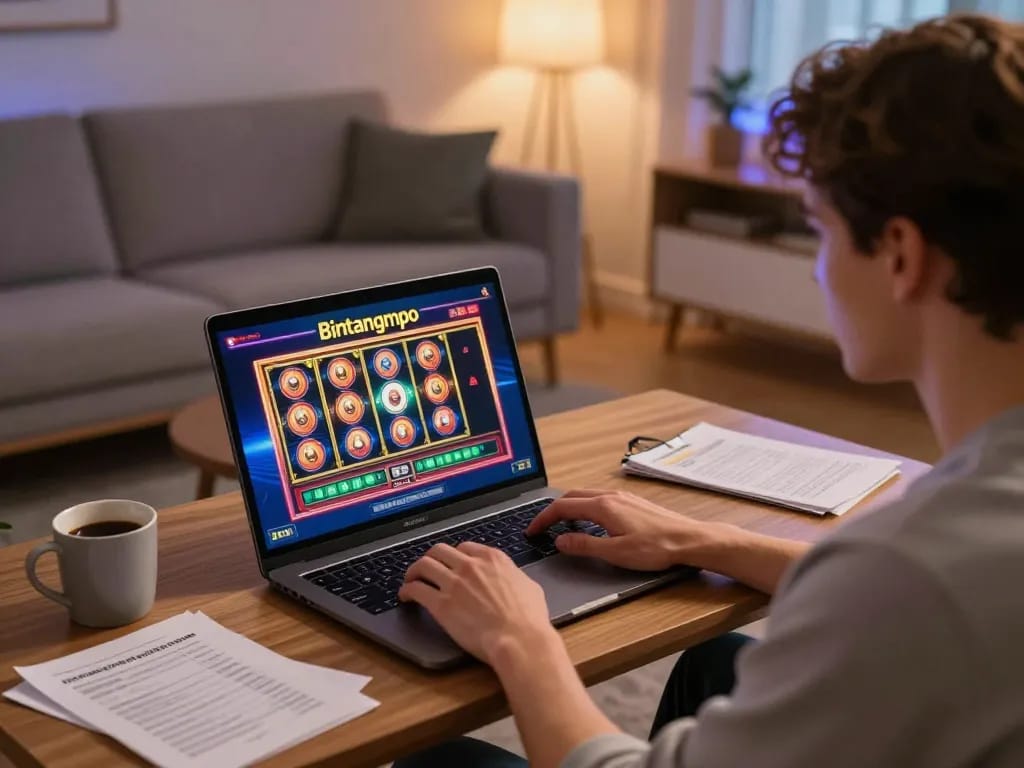 Pemain Bintangmpo menikmati slot online di pengaturan rumah yang nyaman, catatan permainan strategis terlihat