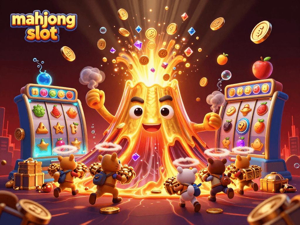 Slot mahjong yang menarik dengan karakter gunung berapi emas yang menghasilkan koin, dan jackpot menunggu pemain.