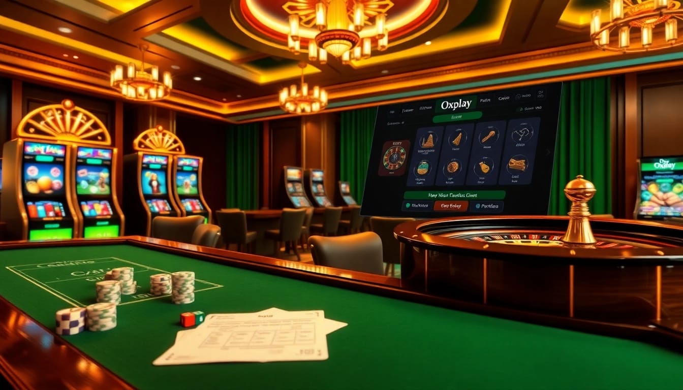 Oxplay online casino interface with slot machines, poker chips, and vibrant betting atmosphere.
