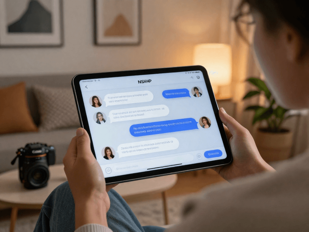 Person interacting with nsfw chat bot on tablet in cozy setting.