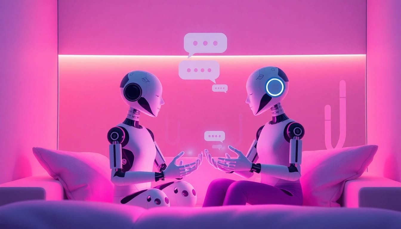 Engaging ai sexting interaction between digital characters in a cozy, intimate virtual space.