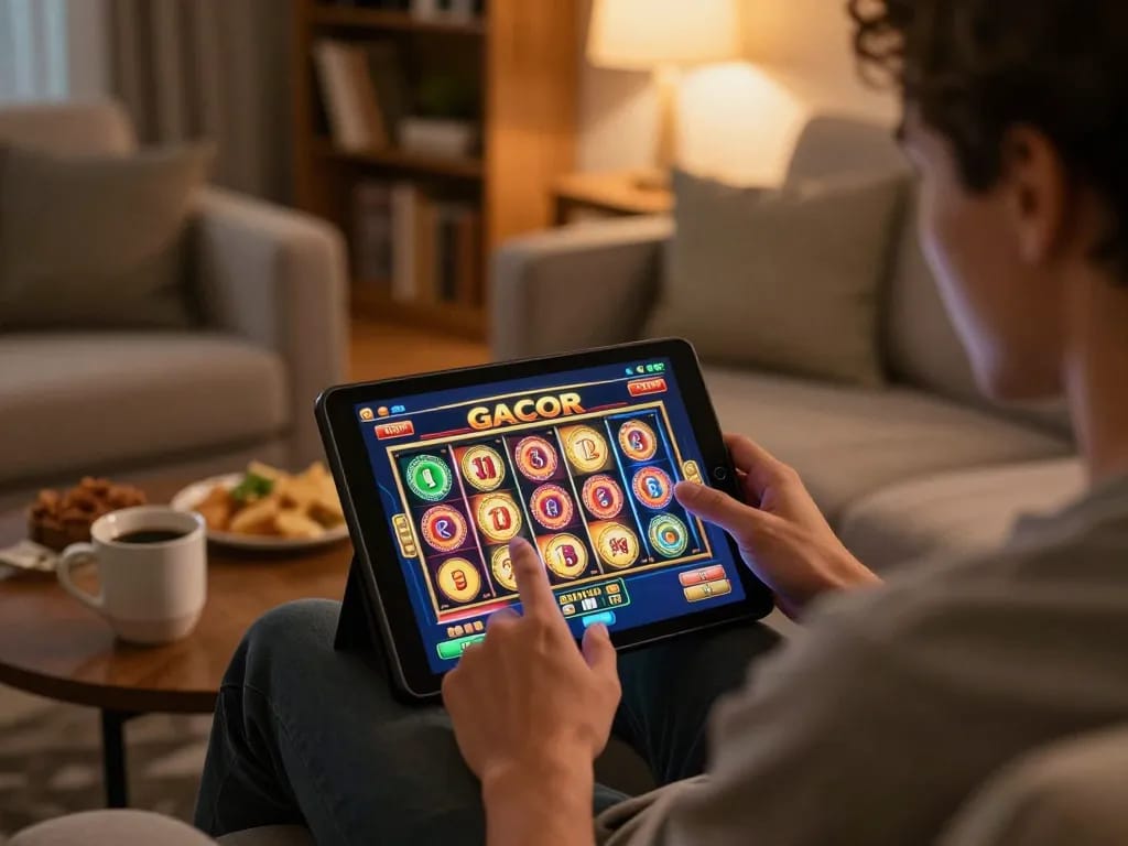 Engaged player spinning a slot gacor game on a tablet, emphasizing cozy home gaming experience.