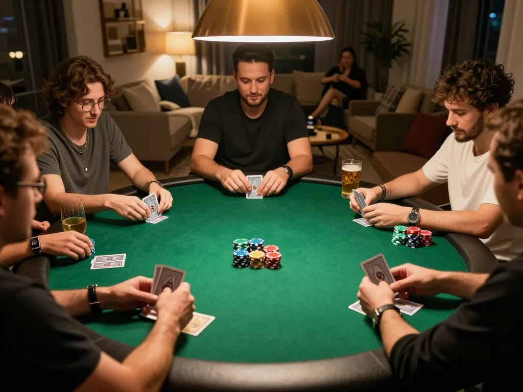 Players enjoying a home poker night with friends, showcasing strategic moves and camaraderie in 5699