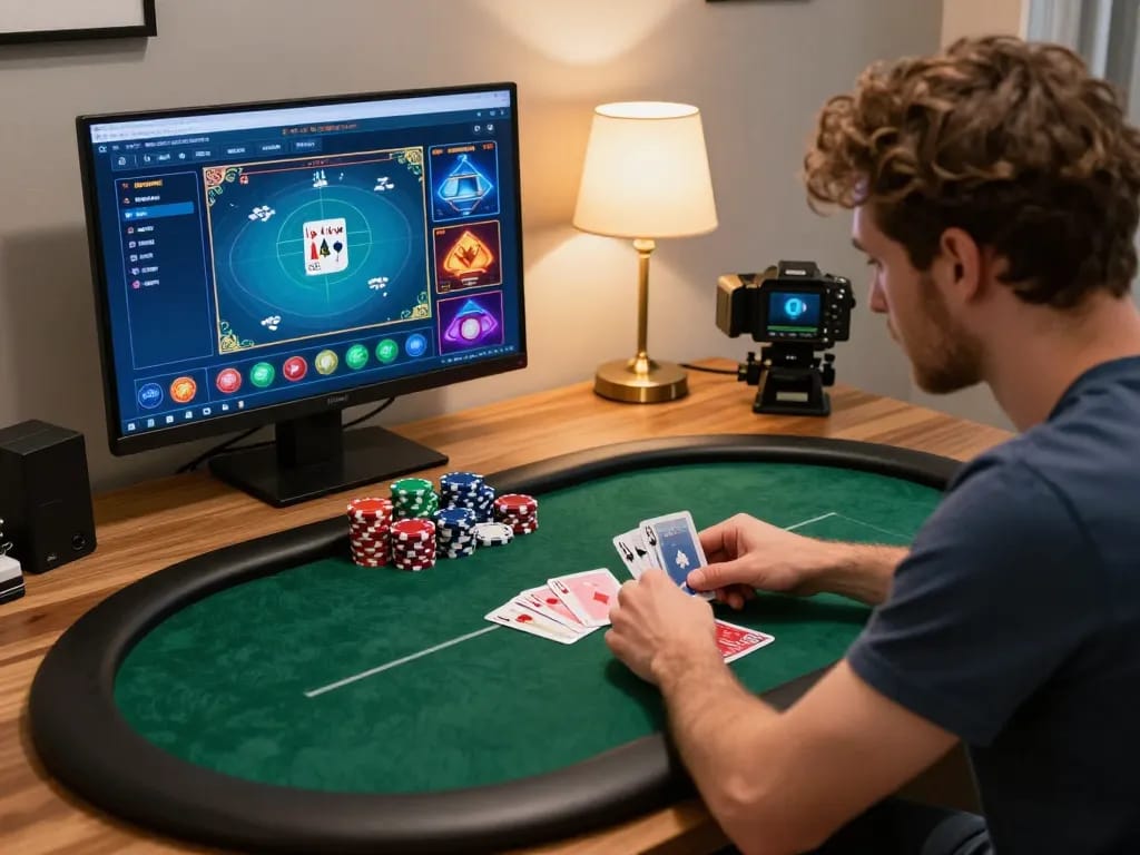 Player engaging in a strategic online poker game at home using tg88, showcasing intense focus and competitive spirit.