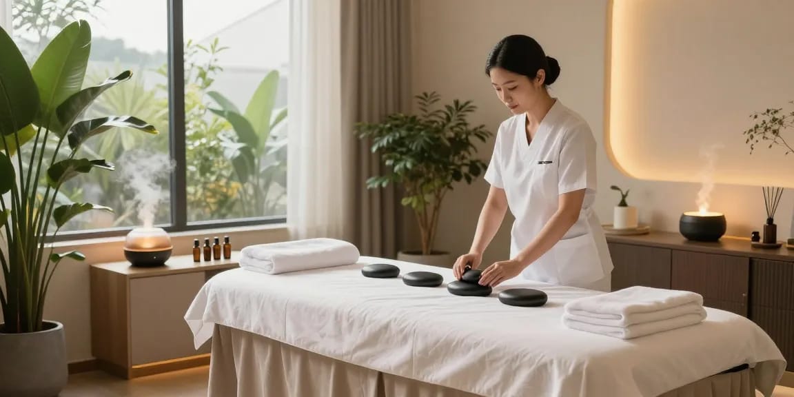 Relaxing 부산스웨디시 therapy spa room featuring a massage table ready for services.