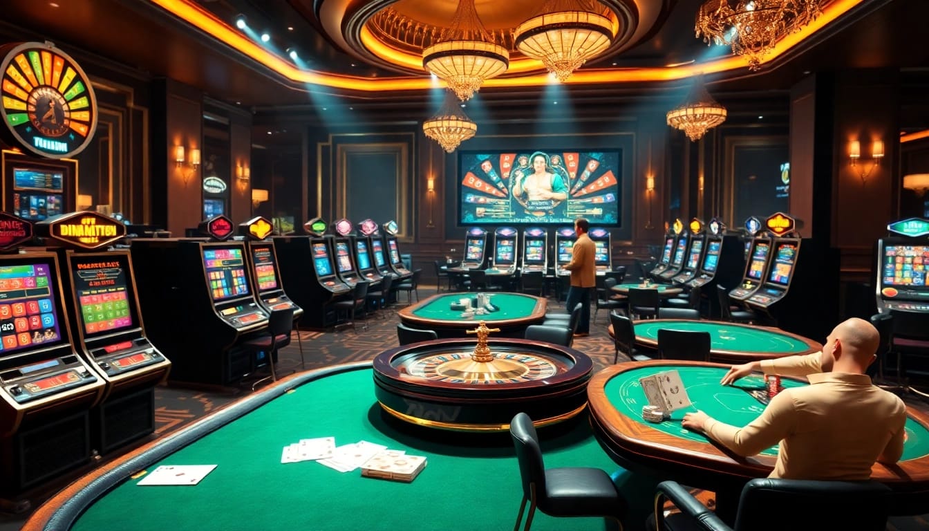 Exciting Dinamit4D online gambling scene with vibrant slot machines and poker tables.