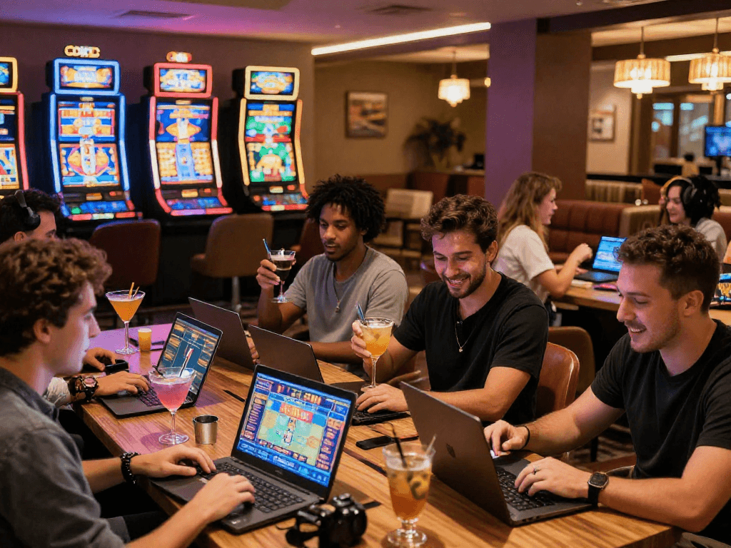 Excited players engaging in games at european online casinos in a premium lounge.