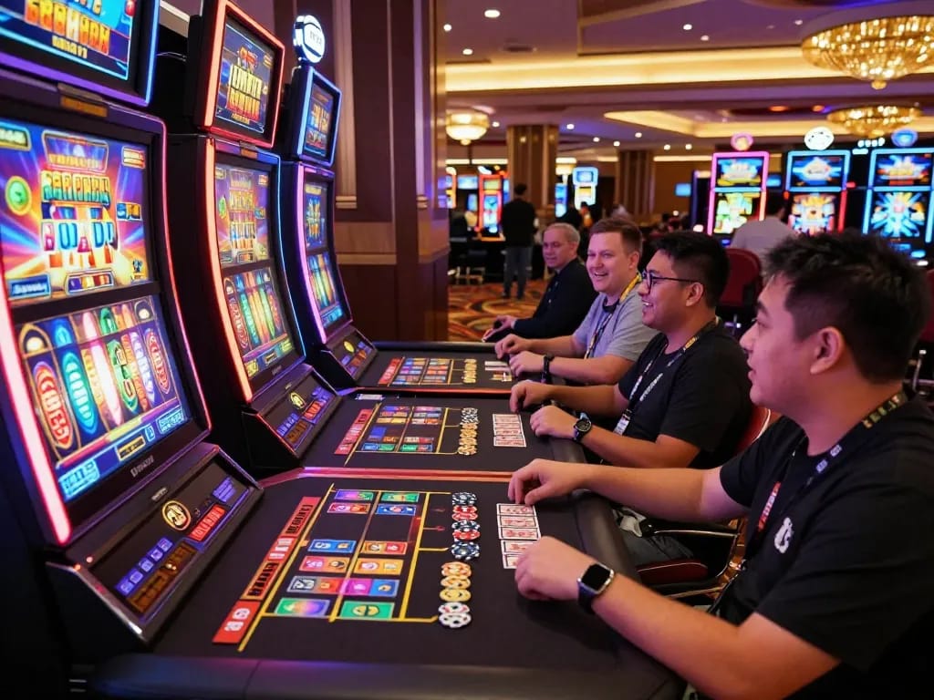 Keceriaan permainan situs slot dengan pemain di sekitar meja digital modern dan mesin yang berwarna-warni.