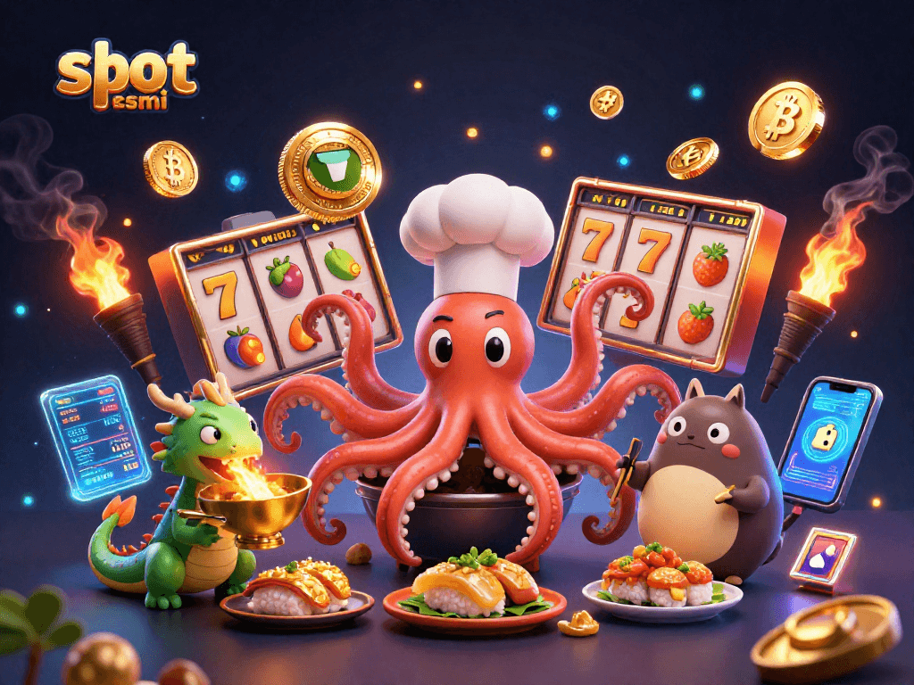 Play exciting slot resmi games and enjoy golden wins with vibrant characters and crypto elements.