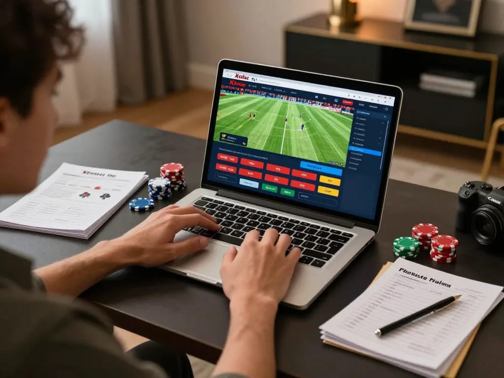 Xoilac offers a dynamic online sports betting experience, featuring live football matches on an elegant laptop setup.