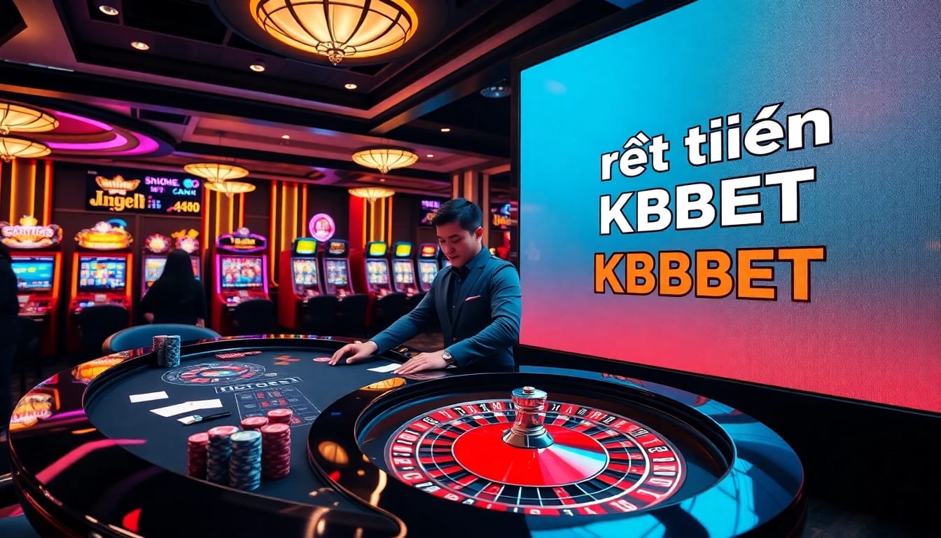 Rút tiền KBBET showcased in a vibrant casino scene with a professional dealer and colorful gaming elements.