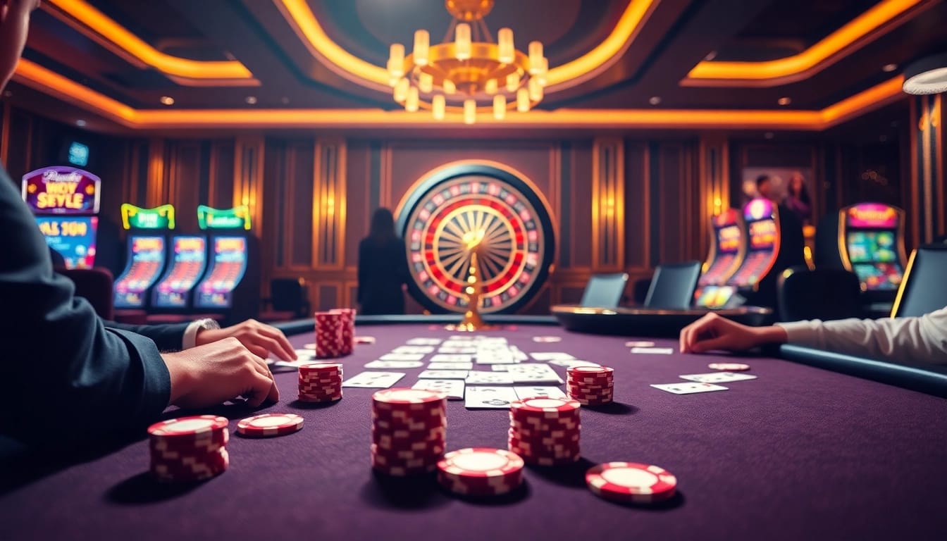 Xibet1.com showcases thrilling casino experiences with poker games and roulette tables in an upscale setting.