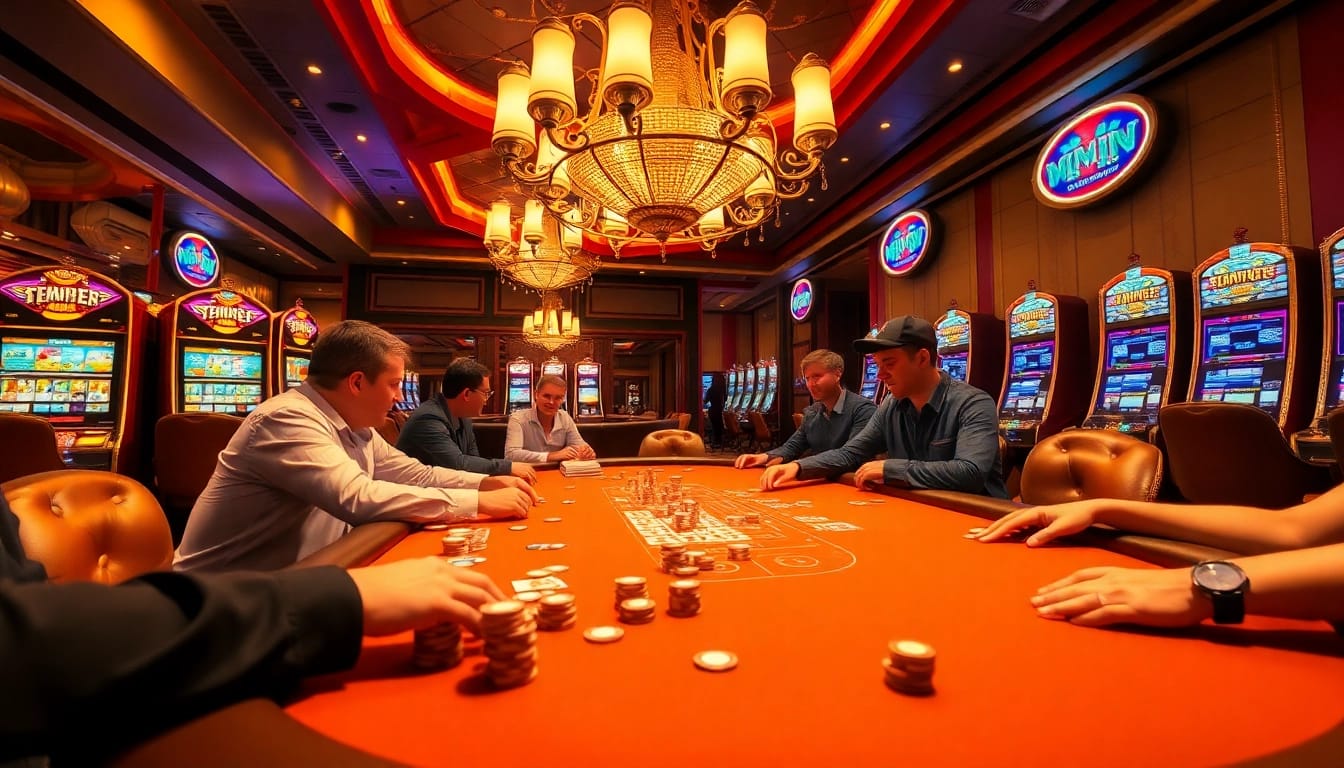 MM888 poker players at a vibrant casino table, showcasing excitement and luxury in gaming.