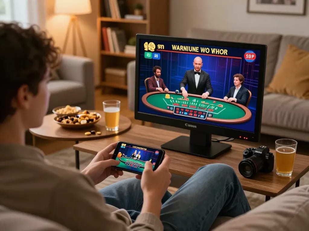 Player engaging in tr88 online blackjack on smartphone, showcasing dynamic gaming environment with cozy ambiance.