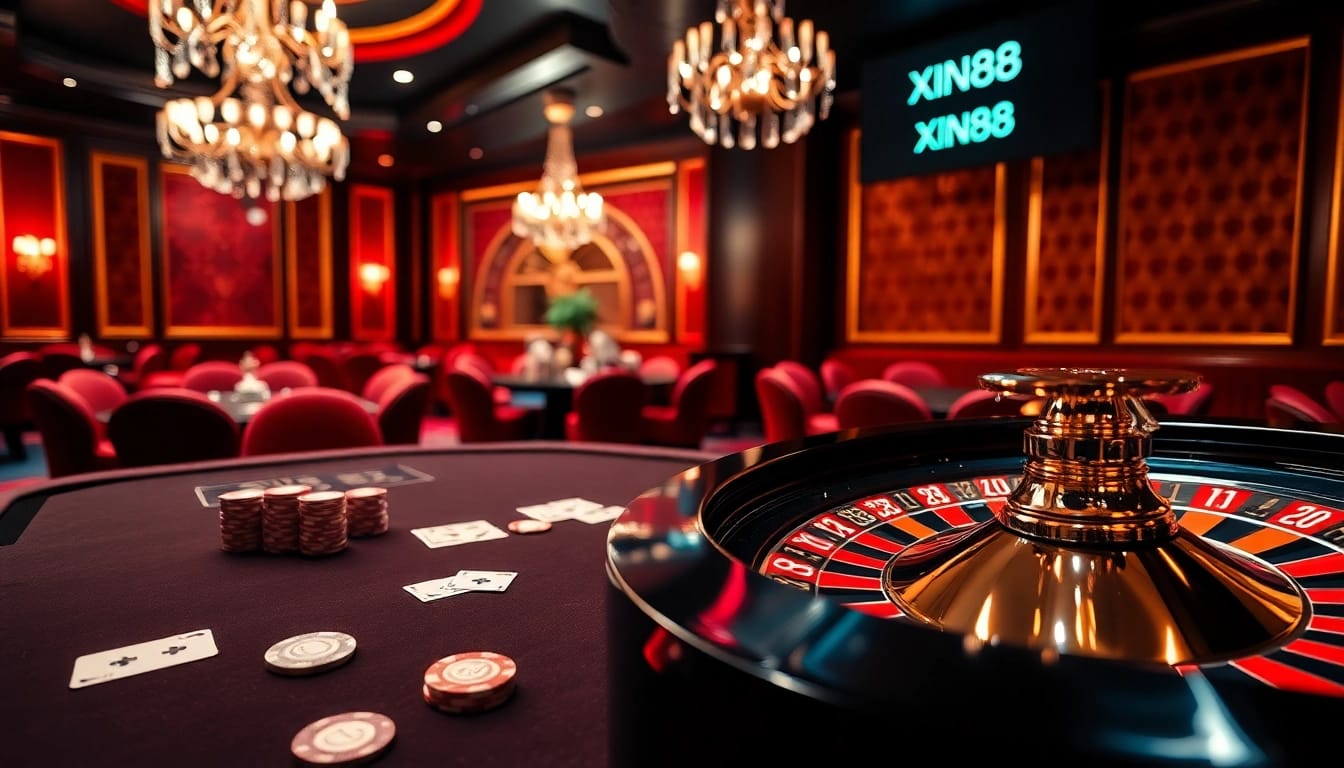 Play poker at xin88 with stylish chips and an elegant roulette wheel lighting up the casino scene.