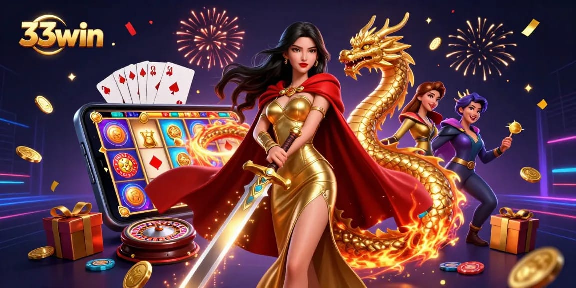 Engage with thrilling wins on 33win, featuring a powerful warrior queen amidst casino games and golden treasures.
