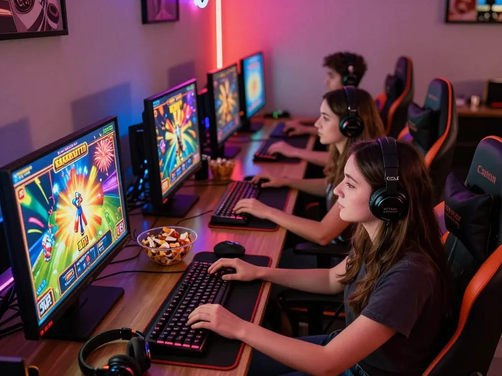 Engaged gamers enjoying the thrill of online slots at vegasslot77, vibrant gaming atmosphere.