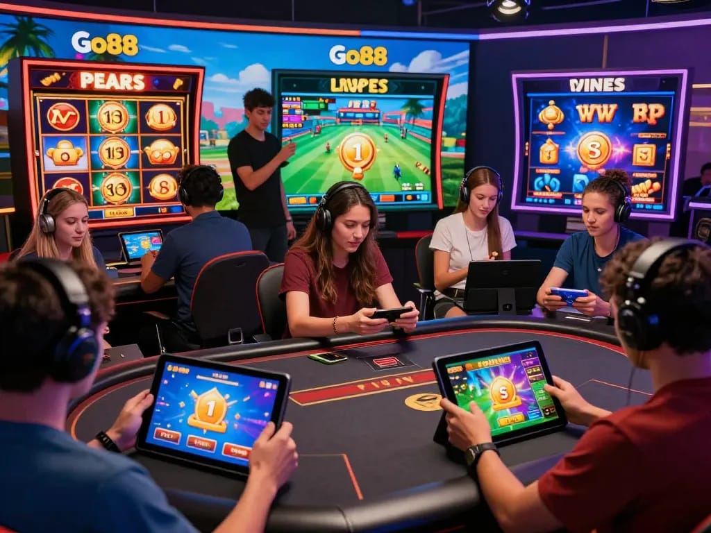 Exciting Go88 online gaming scene with diverse players celebrating wins on interactive devices, showcasing vibrant casino games and sports betting.