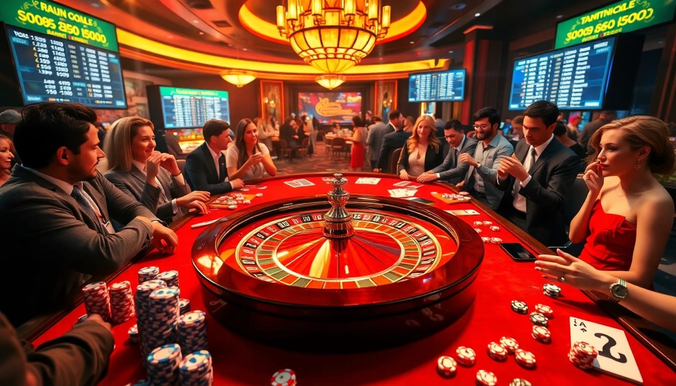 Engaging scene at trang chủ tg88 featuring a lively roulette table with excited players and colorful casino elements.