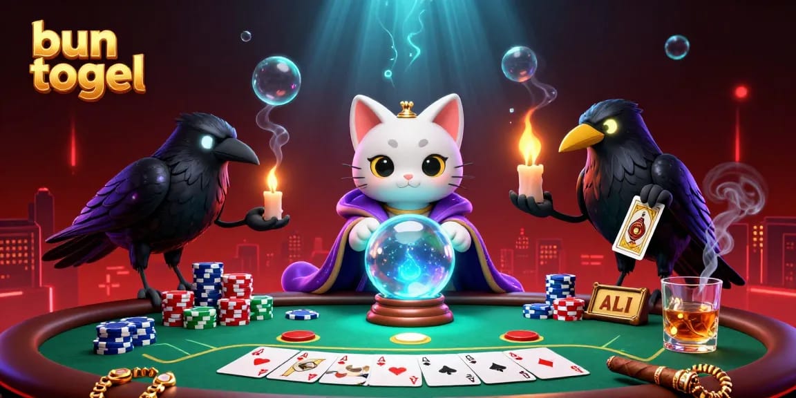 Immerse in bun togel action with a mystical cat and raven amidst vibrant poker scenes.