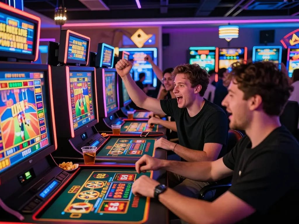 Friends enjoying an exciting gaming experience at ligasedayu online casino, celebrating wins and vibrant atmosphere.