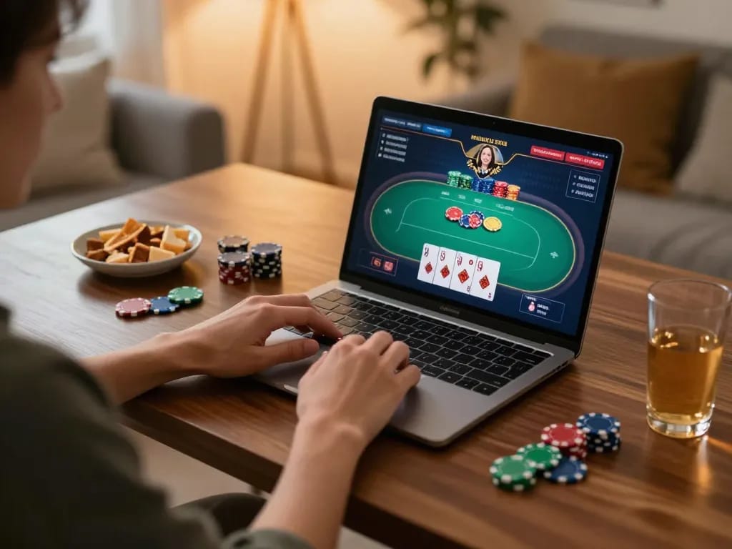 Engaging in online gambling at home with Ok9, playing poker on a laptop in a cozy setting