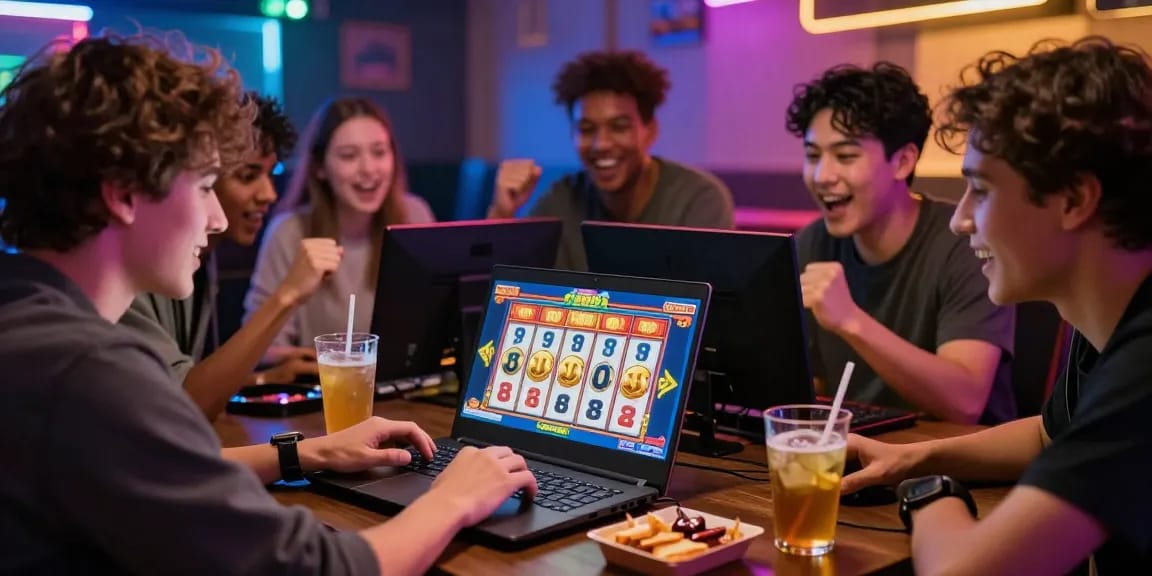 Exciting gaming moment with friends playing slot deposit 5000 online, vibrant atmosphere with snacks and colorful lights.