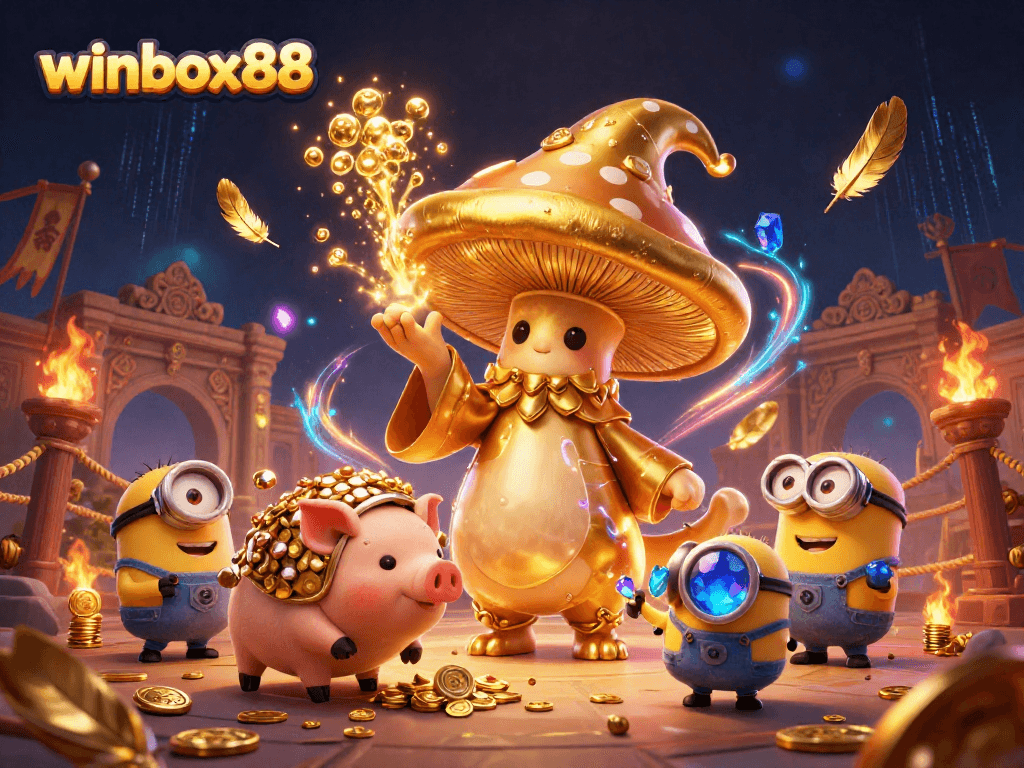 Engage with winbox88 casino magic: vibrant scene of a wizard and treasure-seeking pig amidst gold and gems.
