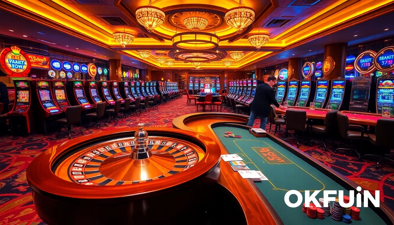 Experience the excitement of OKFUN with vibrant poker tables and dazzling casino lights.